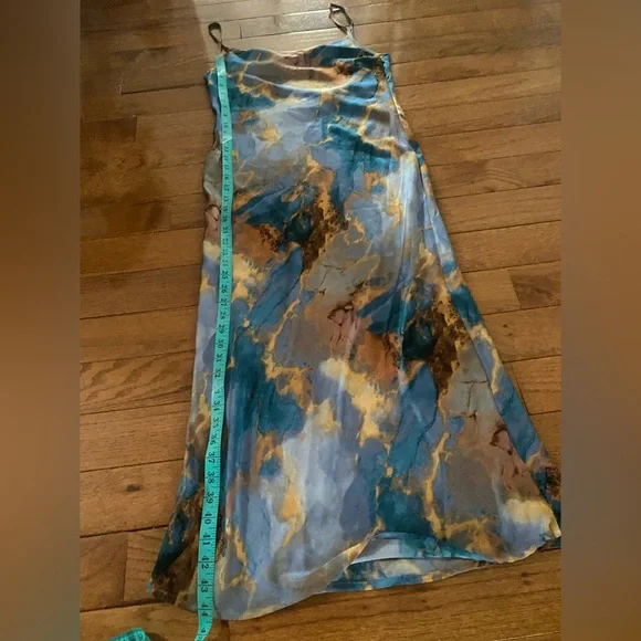Micas Marble Print Satin Slip Dress Blue Brown Cowl Neck Midi Size M - Picture 11 of 13